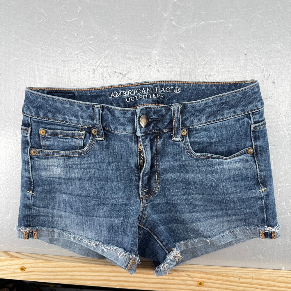 American Eagle Super Stretch Shortie Denim Shorts Blue Womens Size 4 Raw Hem
